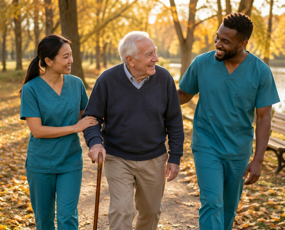 Care team walking with a senior man in the park