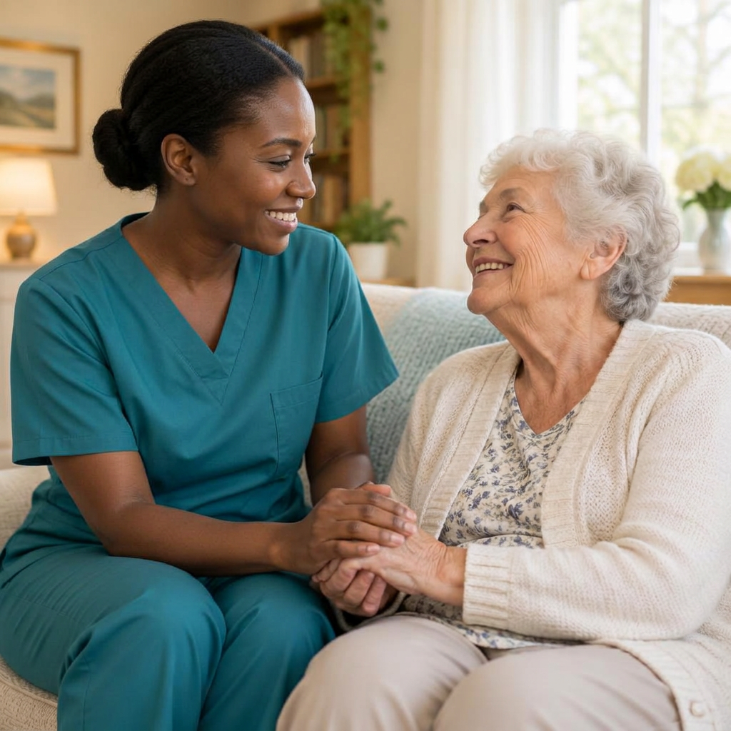 Caregiver holding hands with a smiling senior woman